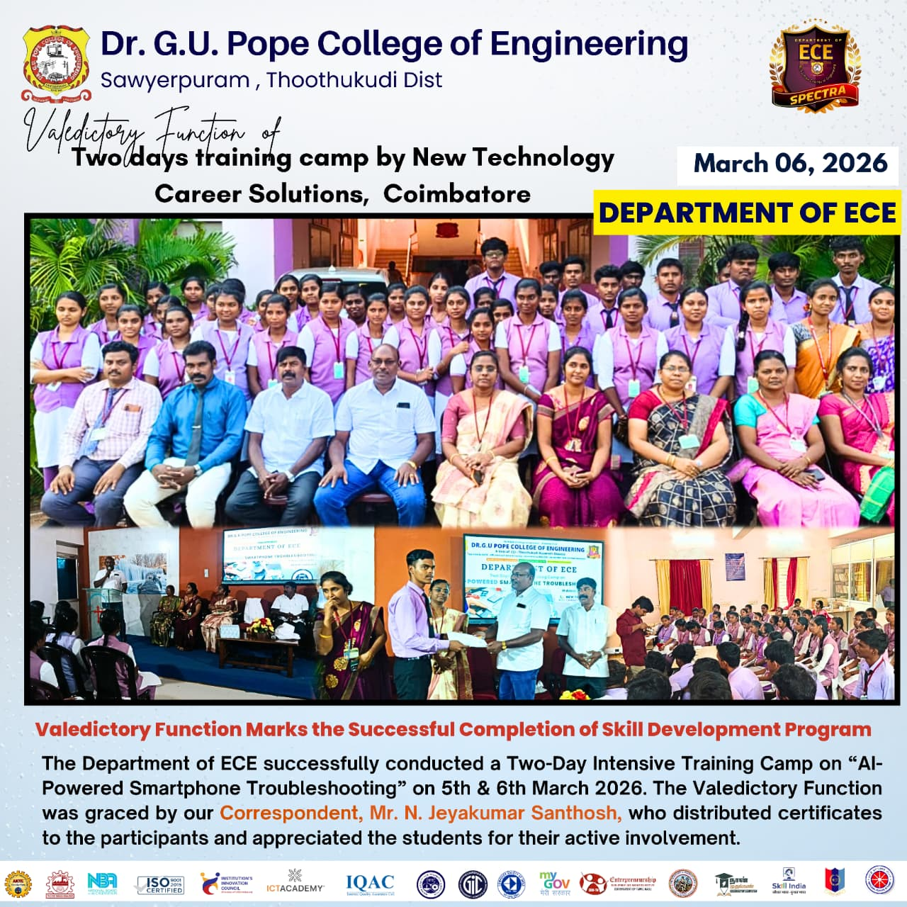 ECE Department Concludes Two-Day Training Camp with Valedictory Function